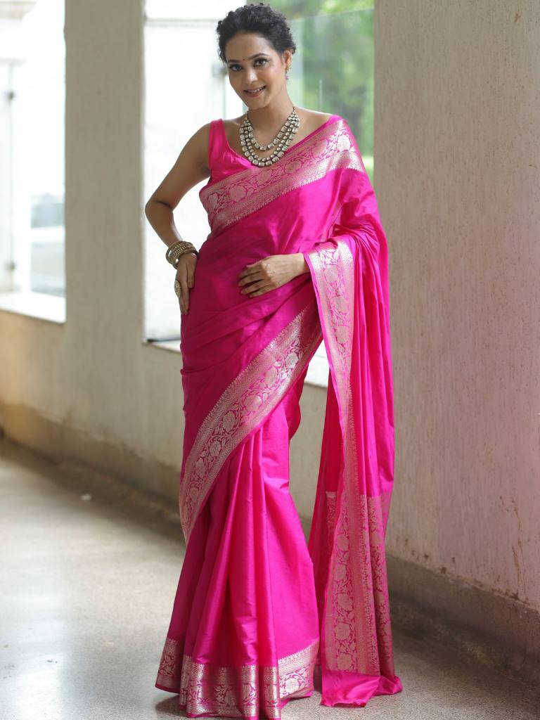 Banarasi Handwoven Semi Silk Saree With Silver Zari Border-Pink